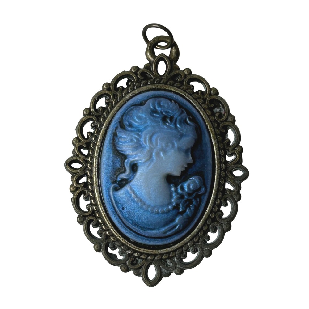 Vintage Style Blue Cameo Pendant Antiqued Bronze Filigree Victorian Lady Profile